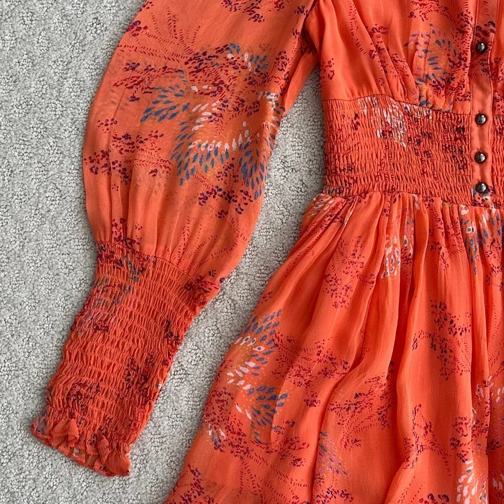 Free People Long Sleeve Smocked Mini Dress Orange XS Boho Festival Romantic